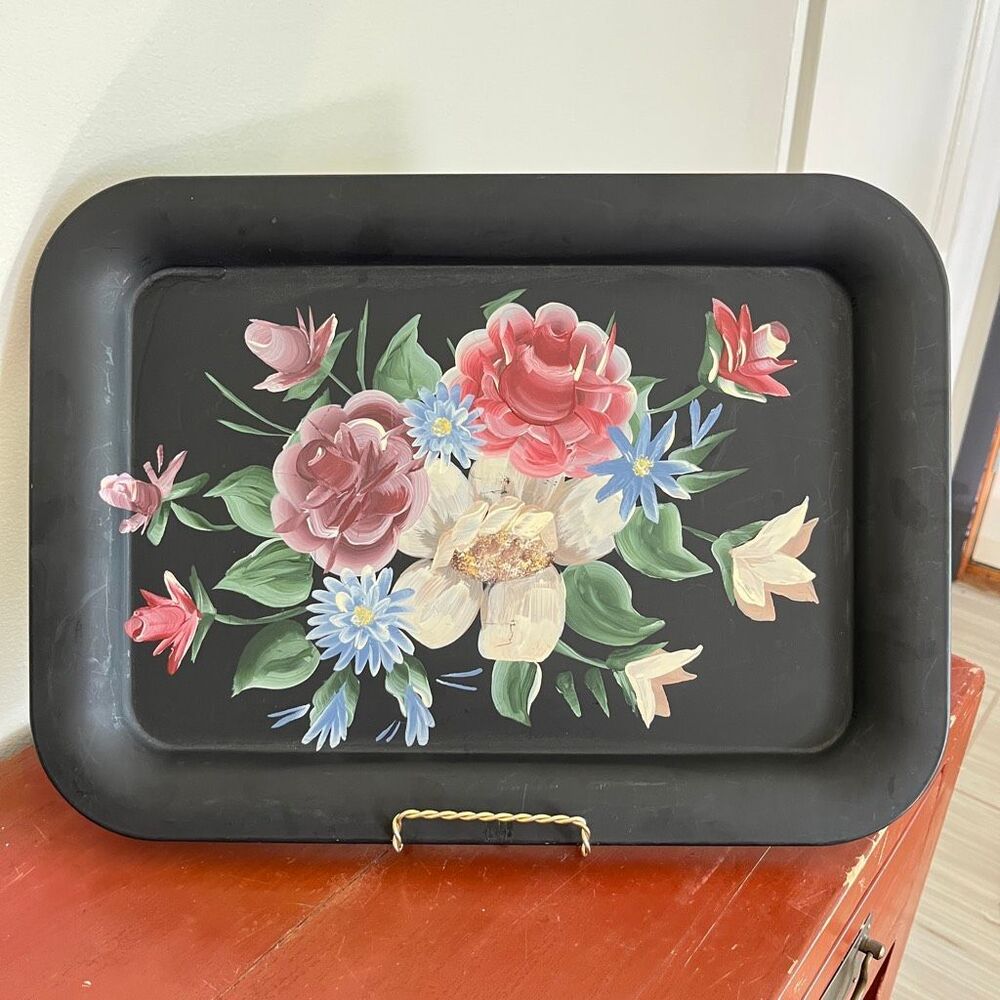 VTG Hand Painted Toleware Floral Metal Serving Tray Cottagecore Farmhouse Decor